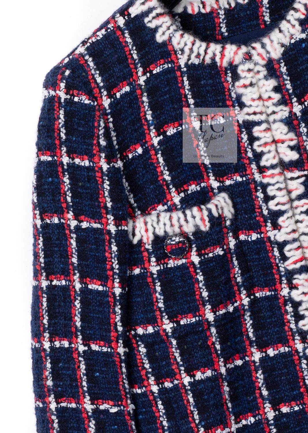 シャネル ジャケット CHANEL ネイビー レッド アイボリー ノーカラー