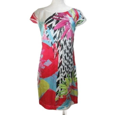 ジャストカヴァリ JUST cavalli 15 SS シルクワンピース ひざ丈 キャップスリーブ 花柄 総柄 38 S相当 マルチカラー X
