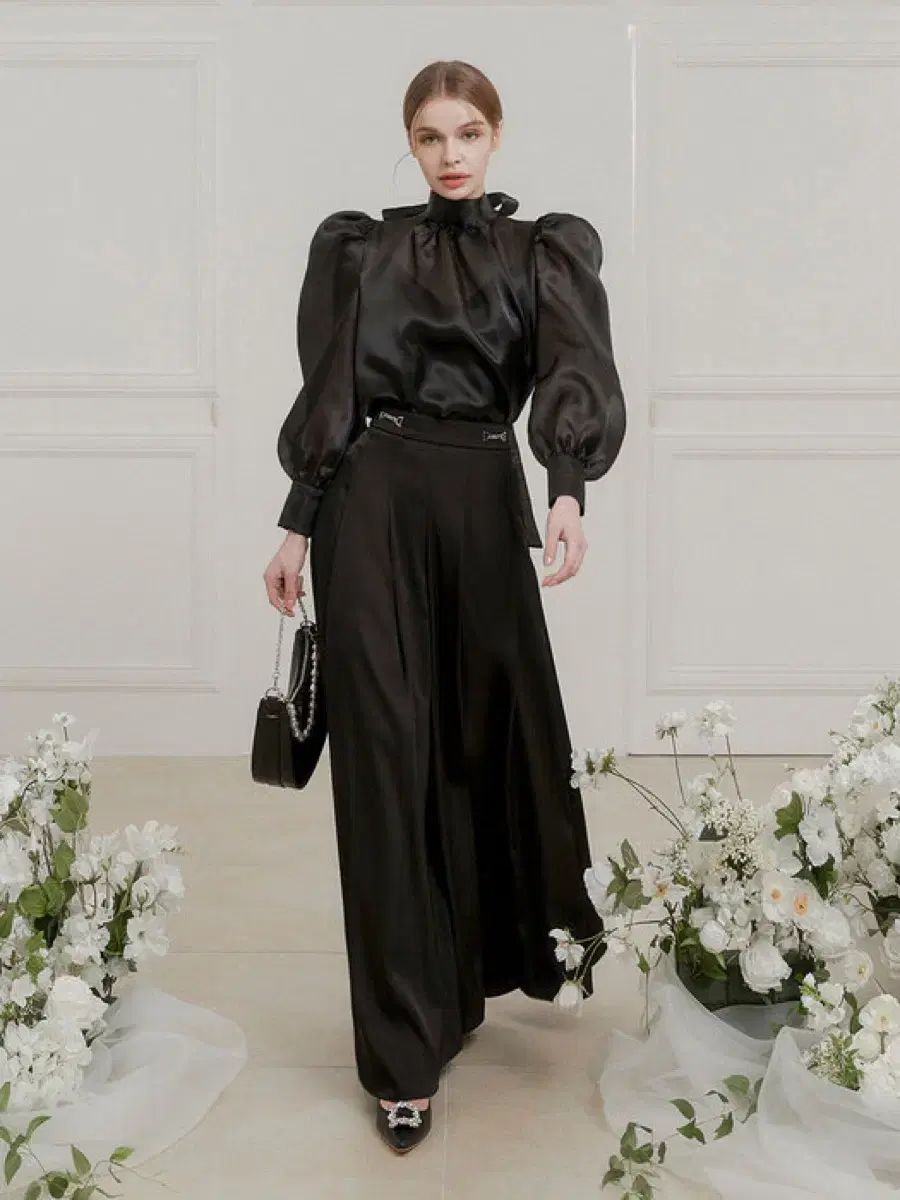 GRACE U グレースユー プリーツ サテン パンツ S ブラック