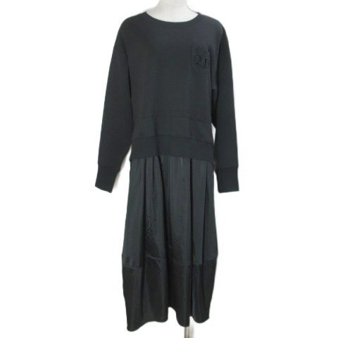 マサゴ MASAGO ドッキングワンピース タグ付き ロング コクーン スゥェット 異素材 長袖 エンブレムワッペン M 黒 ブラック X