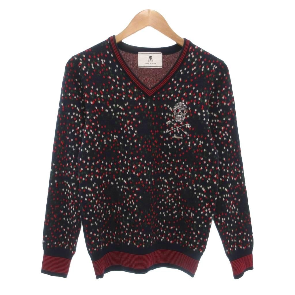 マーク＆ロナ MARK LONA ニット セーター S 長袖 Vネック ロゴ スカル ラインストーン ウール 紺 ネイビー AE GY 40