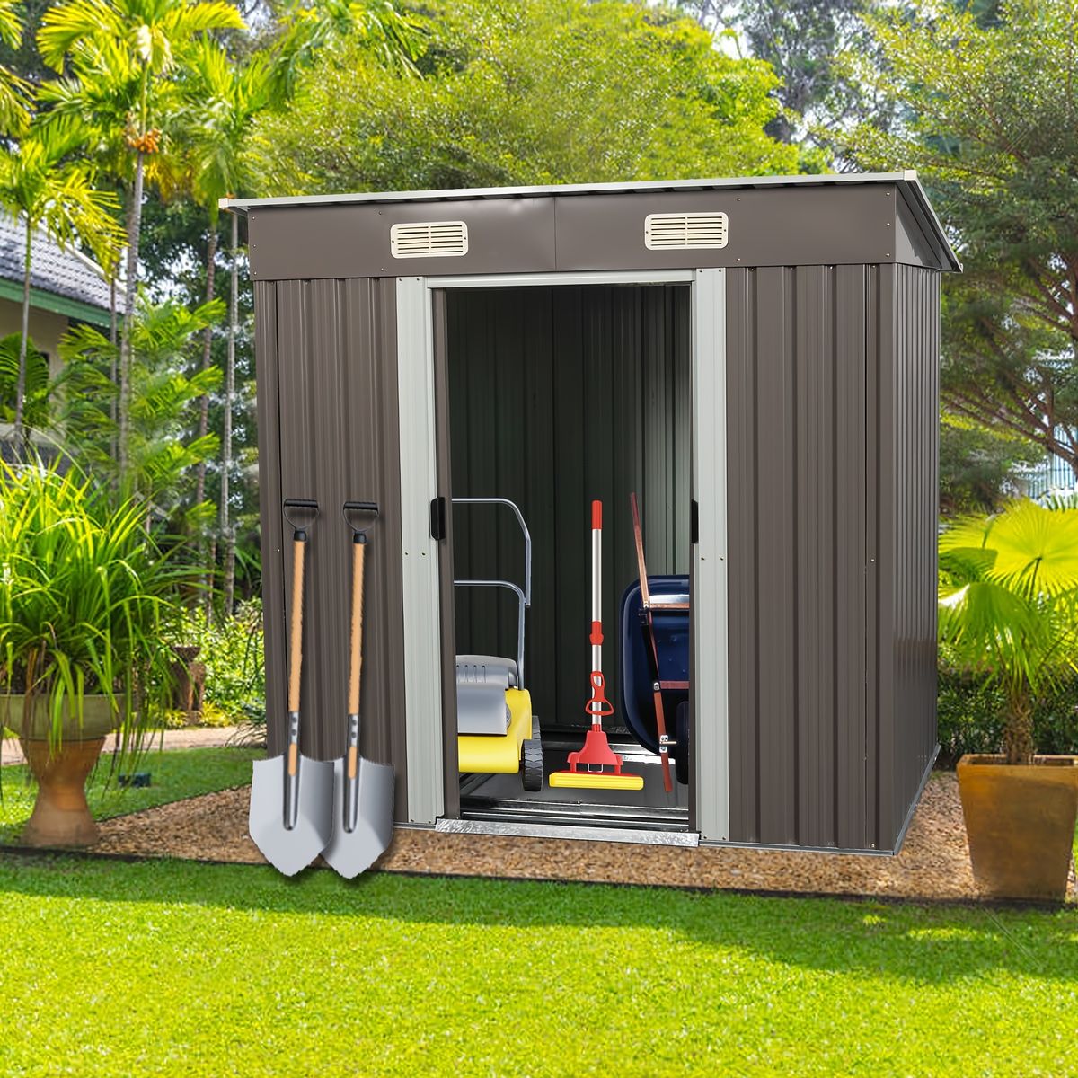 床付き＆防錆 スチール製 屋外用ストレージシェッド 幅195 cm 奥行122 高さ180 補強フレーム ダブルスライドドア 通気穴付き 物置小屋 庭 ガーデニング 赤玉土対応 その他 