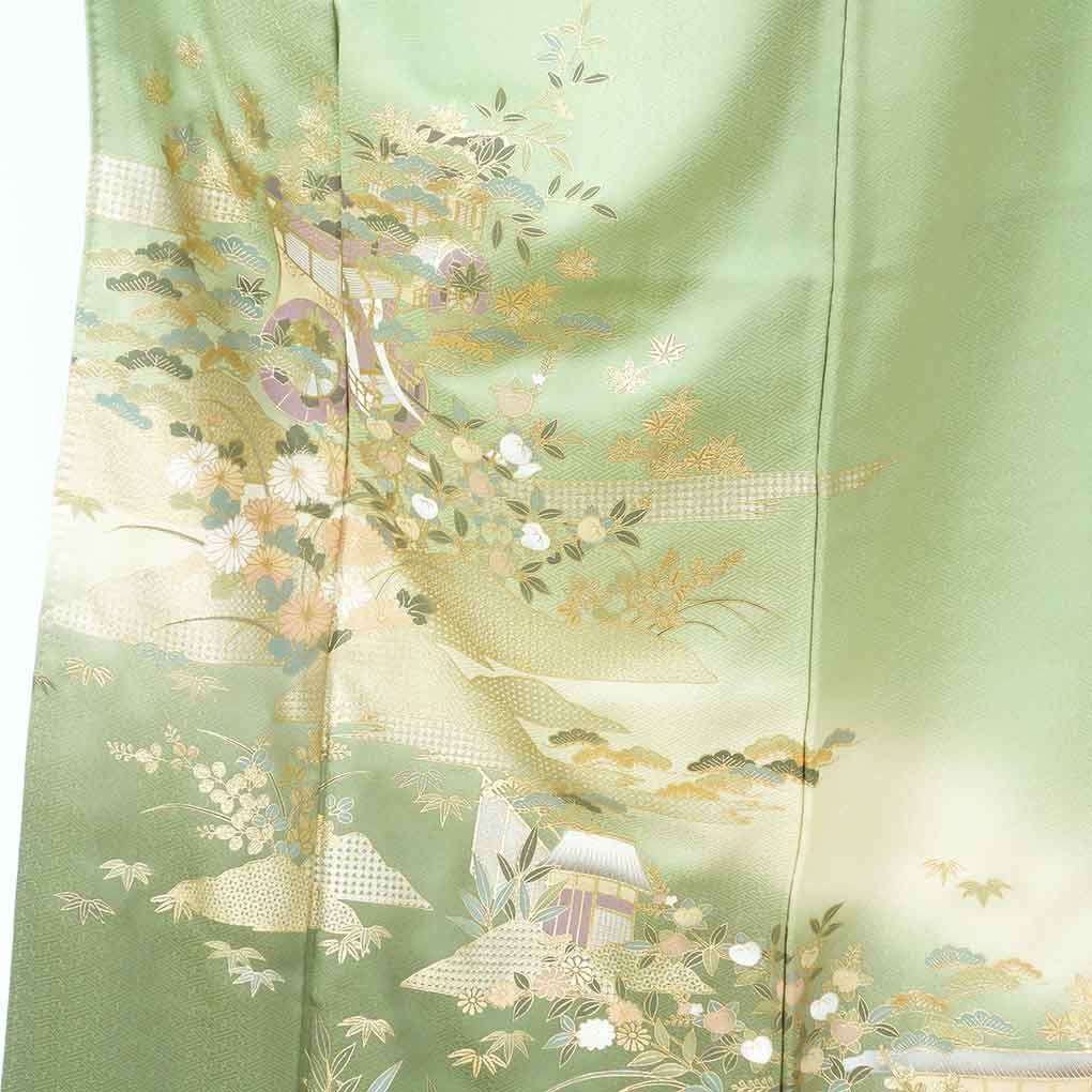 訪問着 身丈159 cm 裄66 前幅24 後幅31 袖丈49 袖幅33 レディース 袷 金彩 裄長 裄M Lサイズ 秋冬春用 正絹 シルク グリーン リメイク リユース リサイクル 呉服のきくや