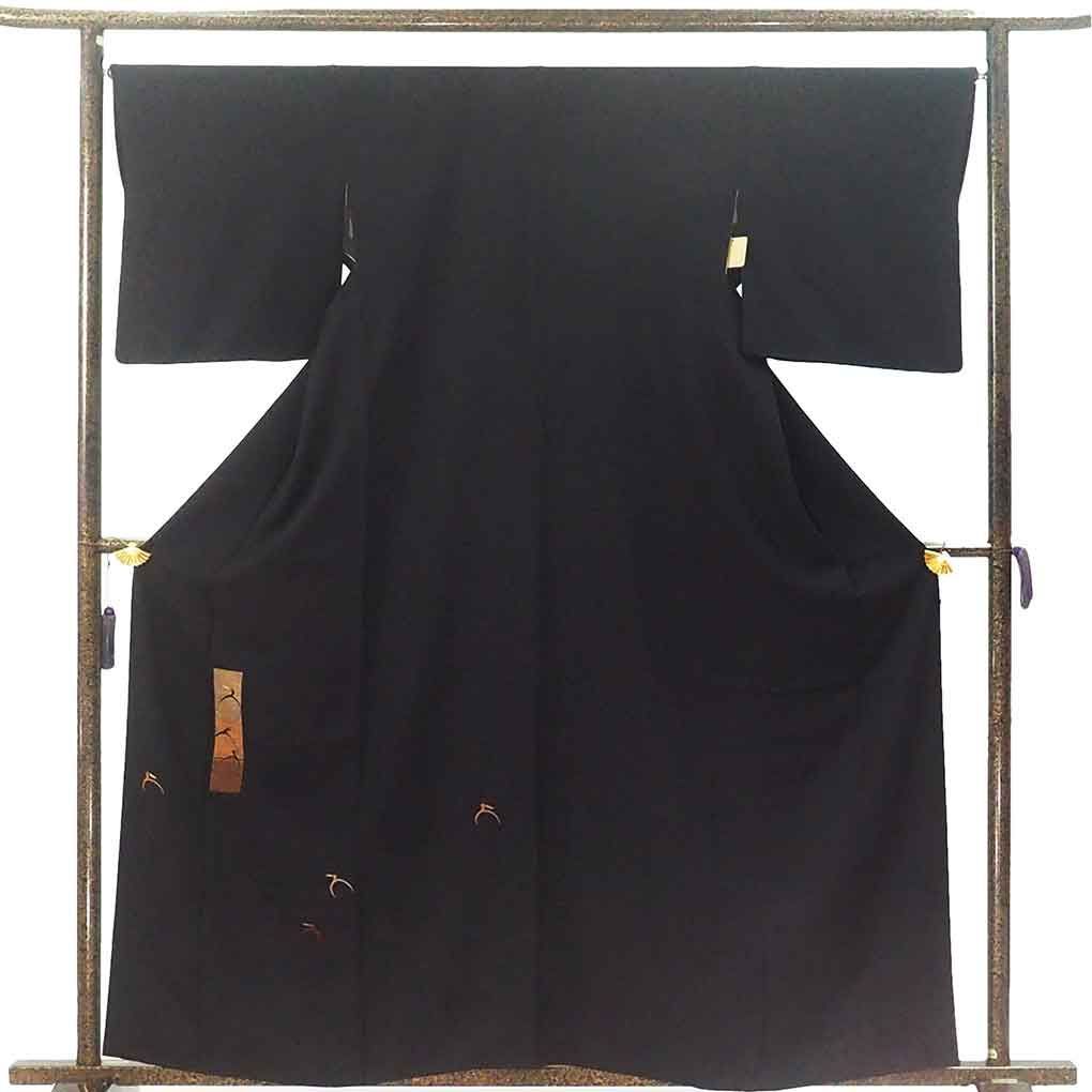 付下 身丈161 cm 裄67 前幅25 5 後幅29 袖丈48 袖幅34 レディース 袷 鶴 裄長 裄Lサイズ 秋冬春用 正絹 シルク ブラック やや難 リメイク リユース リサイクル 呉服のきくや