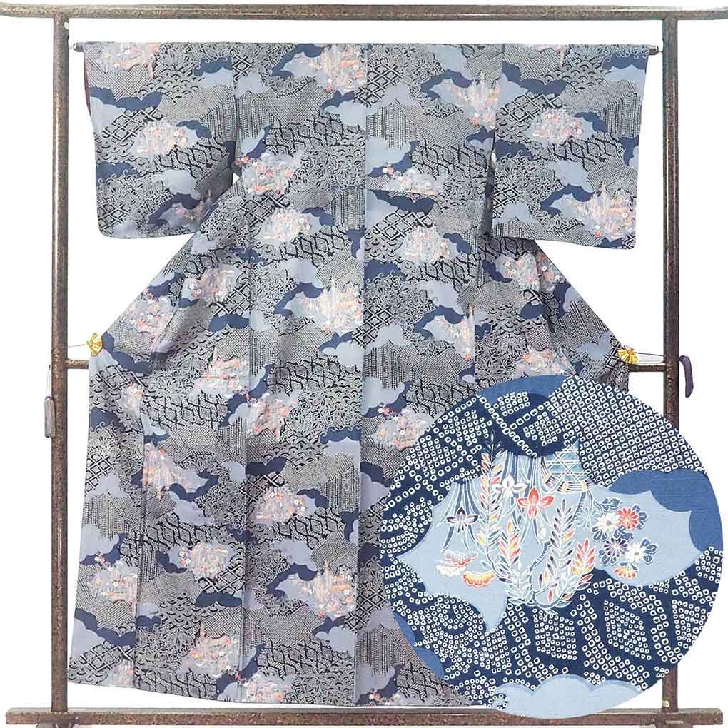 小紋 身丈158 cm 裄65 前幅24 後幅28 袖丈49 袖幅33 レディース 胴抜裾八掛 鹿の子 裄Mサイズ 秋冬春用 正絹 シルク グレー ♥品 リメイク リユース リサイクル 呉服のきくや