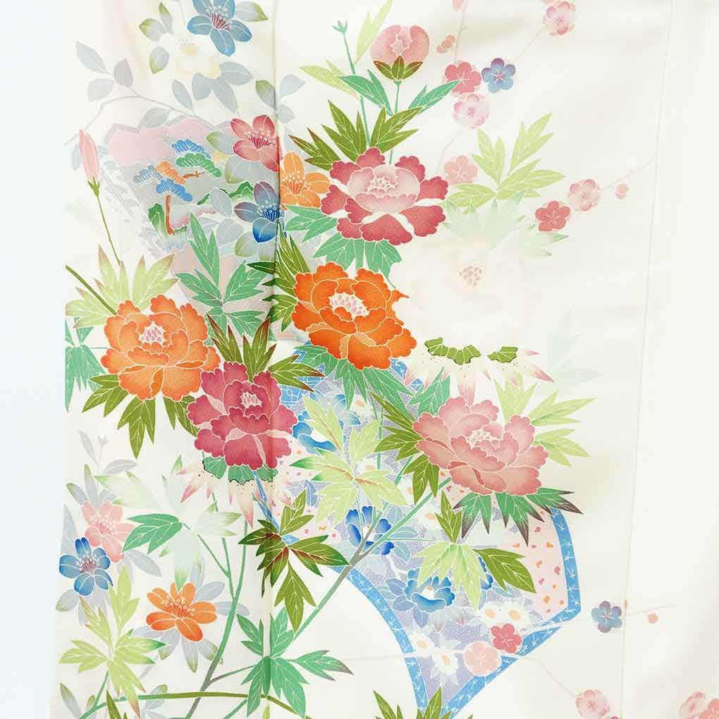 訪問着 身丈158 cm 裄63 前幅24 後幅28 5 袖丈55 袖幅33 レディース 袷 花柄 裄Mサイズ 秋冬春用 正絹 シルク ホワイト リメイク リユース リサイクル 呉服のきくや