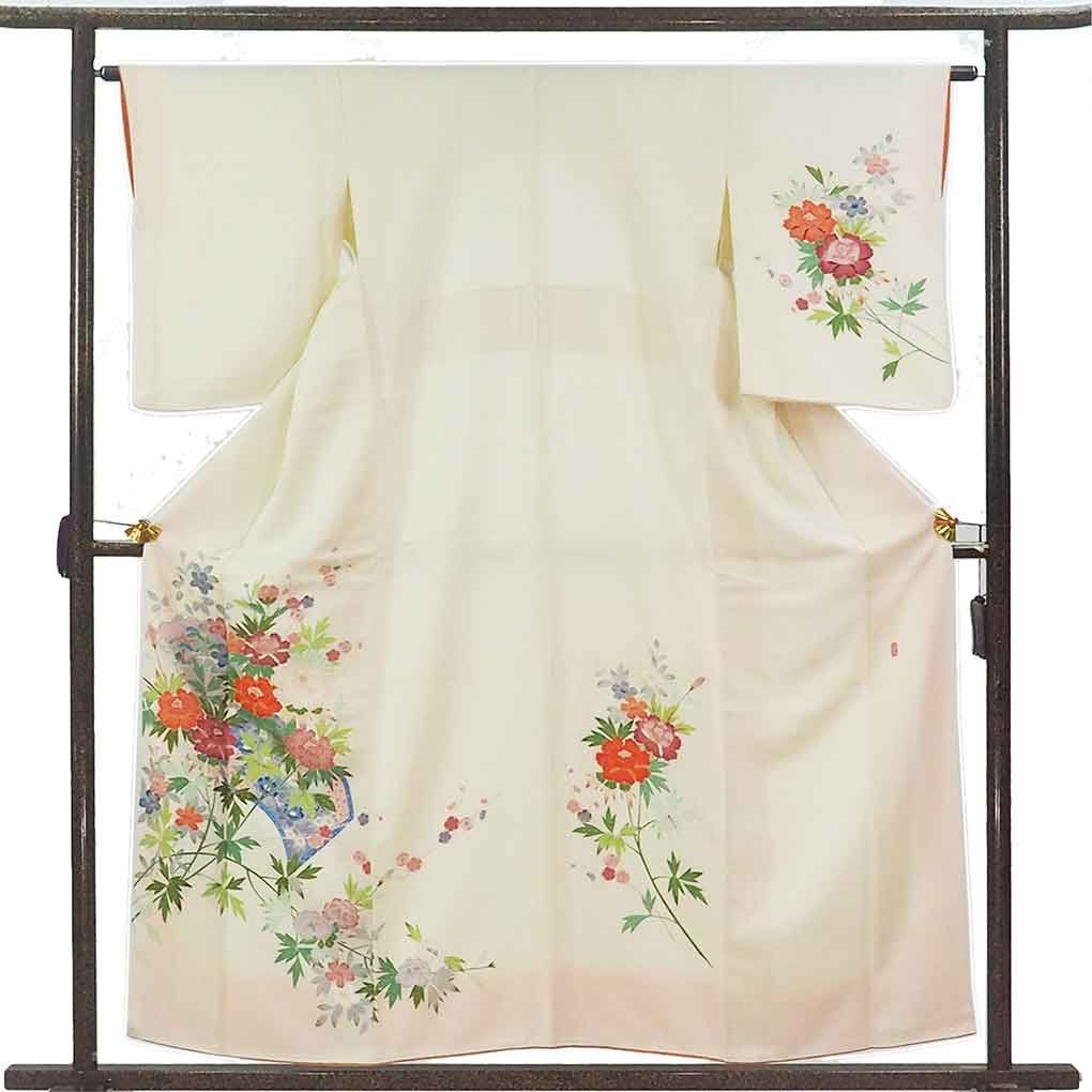 訪問着 身丈158 cm 裄63 前幅24 後幅28 5 袖丈55 袖幅33 レディース 袷 花柄 裄Mサイズ 秋冬春用 正絹 シルク ホワイト リメイク リユース リサイクル 呉服のきくや