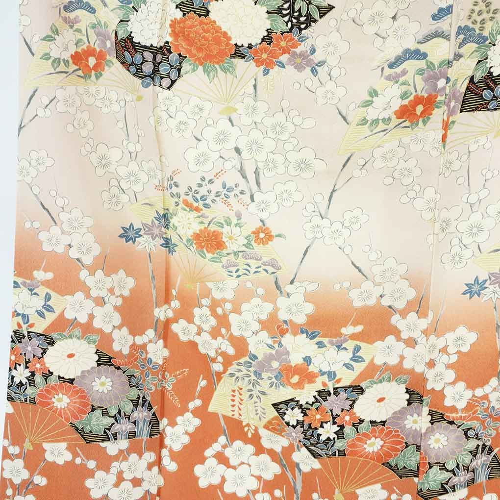 訪問着 身丈160 cm 裄66 前幅24 5 後幅31 袖丈51 袖幅34 レディース 袷 扇面 裄長 裄M Lサイズ 秋冬春用 正絹 シルク ピンク リメイク リユース リサイクル 呉服のきくや