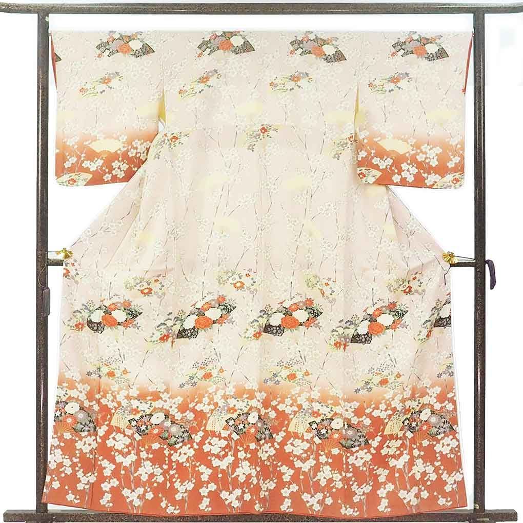 訪問着 身丈160 cm 裄66 前幅24 5 後幅31 袖丈51 袖幅34 レディース 袷 扇面 裄長 裄M Lサイズ 秋冬春用 正絹 シルク ピンク リメイク リユース リサイクル 呉服のきくや