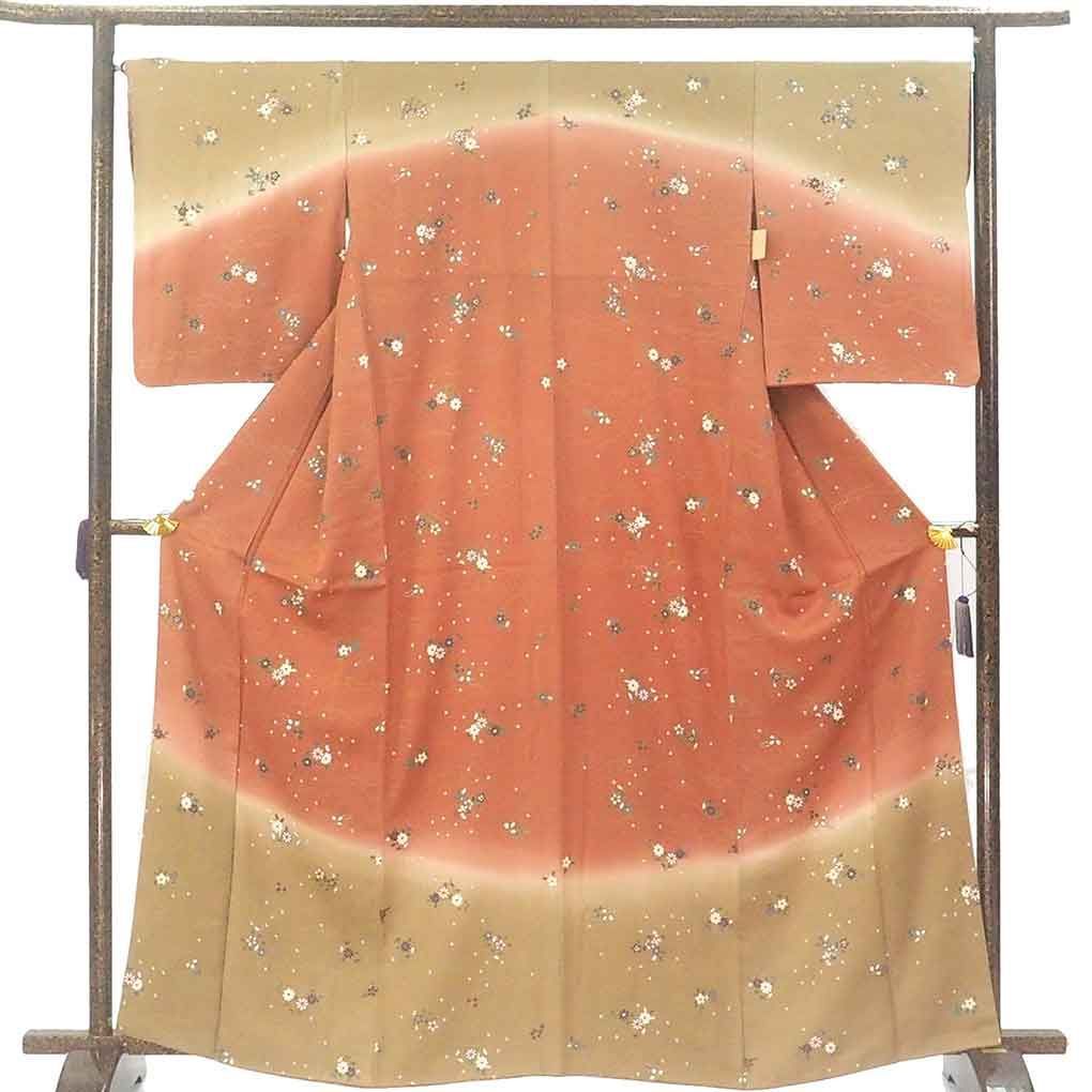 訪問着 身丈165 cm 裄67 前幅25 後幅30 袖丈54 袖幅34 レディース 袷 ぼかし 裄長 裄Lサイズ 秋冬春用 正絹 シルク ブラウン トールサイズ リメイク リユース リサイクル 呉服のきくや