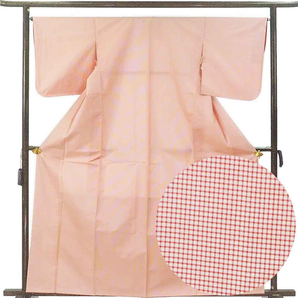 紬 身丈164 cm 裄66 前幅22 5 後幅29 袖丈49 袖幅34 レディース 袷 格子 裄長 裄M Lサイズ 秋冬春用 正絹 シルク ピンク トールサイズ ♥品 リメイク リユース リサイクル 呉服のきくや