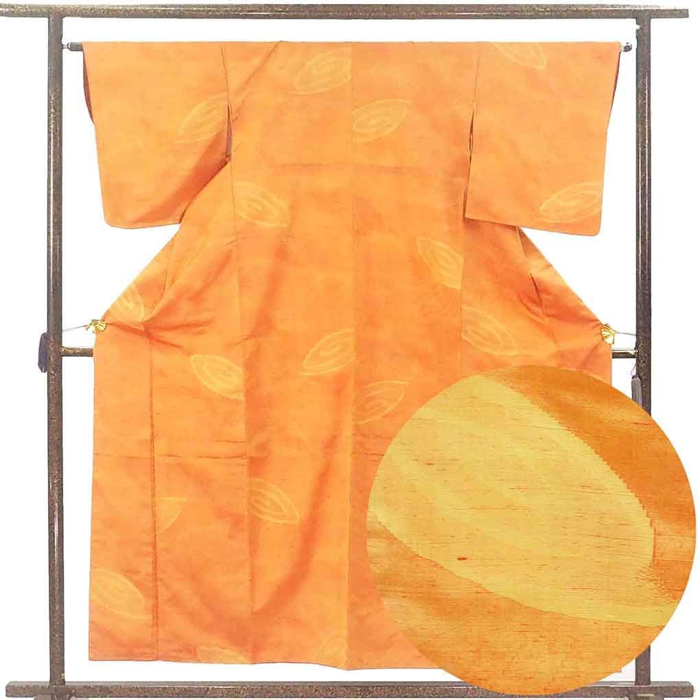 紬 身丈157 cm 裄64 前幅24 後幅30 袖丈49 袖幅32 レディース 袷 抽象柄 裄Mサイズ 秋冬春用 正絹 シルク オレンジ ♥品 リメイク リユース リサイクル 呉服のきくや