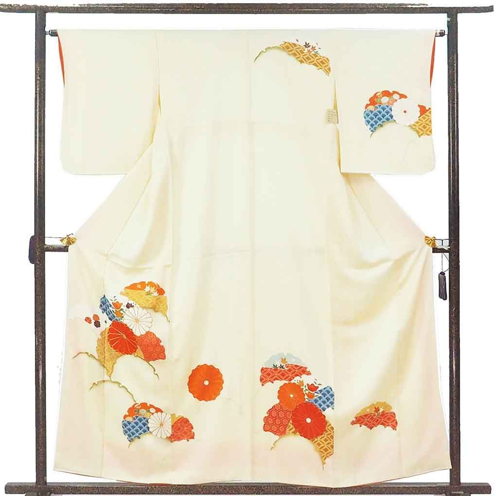 訪問着 身丈158 cm 裄64 前幅24 後幅29 袖丈51 袖幅32 レディース 袷 雪輪 裄Mサイズ 秋冬春用 正絹 シルク イエロー リメイク リユース リサイクル 呉服のきくや