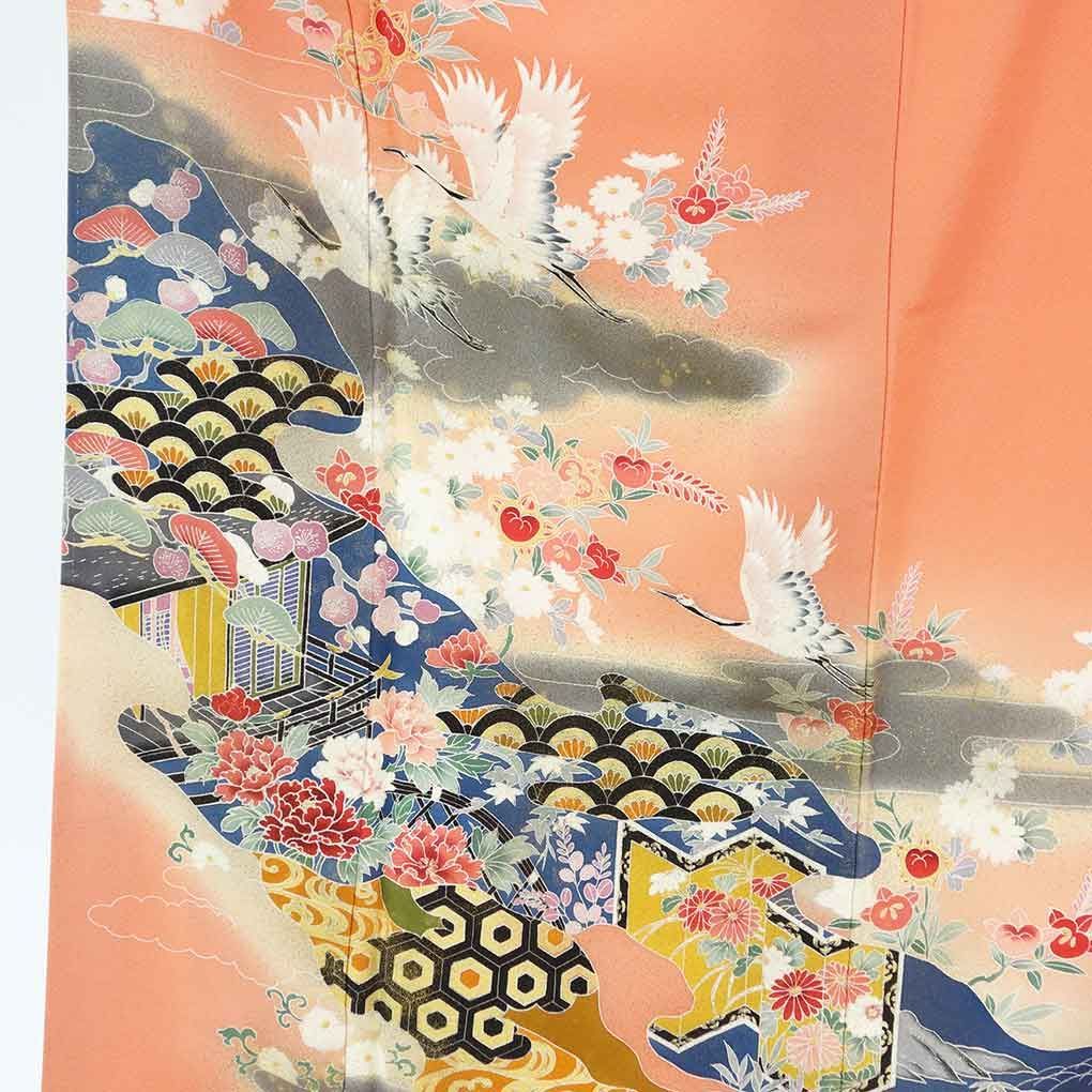 訪問着 身丈161 cm 裄64 前幅24 後幅30 袖丈49 袖幅33 レディース 袷 花柄 裄Mサイズ 秋冬春用 正絹 シルク オレンジ リメイク リユース リサイクル 呉服のきくや