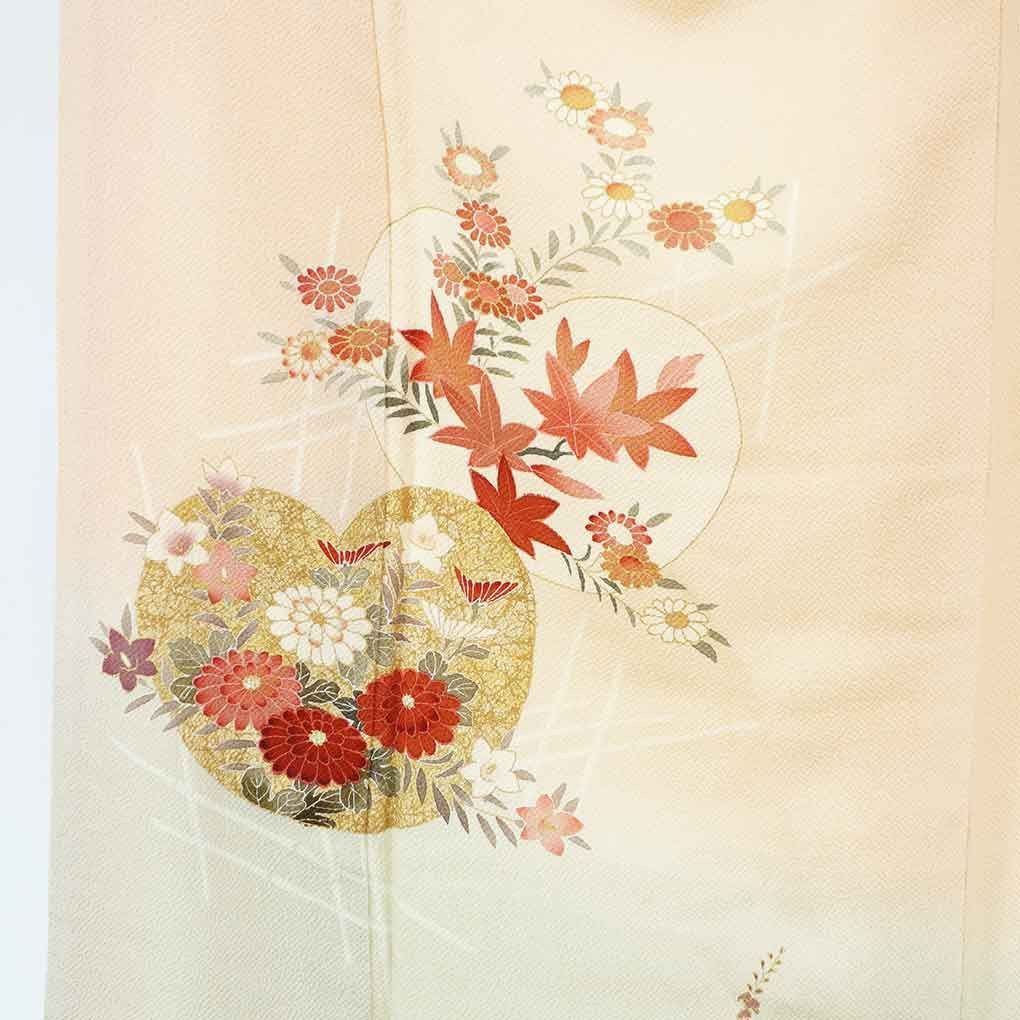 訪問着 身丈164 cm 裄66 前幅26 後幅30 5 袖丈56 袖幅34 レディース 袷 花柄 裄長 裄M Lサイズ 秋冬春用 正絹 シルク オレンジ トールサイズ やや難 リメイク リユース リサイクル 呉服のきくや