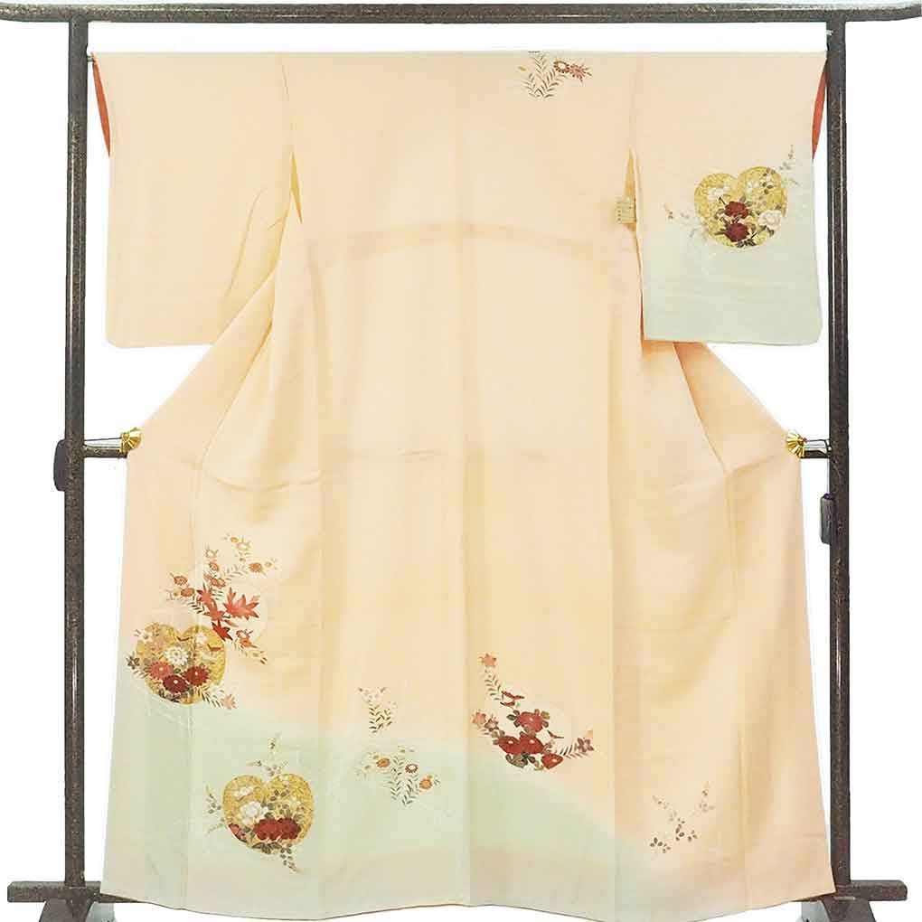 訪問着 身丈164 cm 裄66 前幅26 後幅30 5 袖丈56 袖幅34 レディース 袷 花柄 裄長 裄M Lサイズ 秋冬春用 正絹 シルク オレンジ トールサイズ やや難 リメイク リユース リサイクル 呉服のきくや