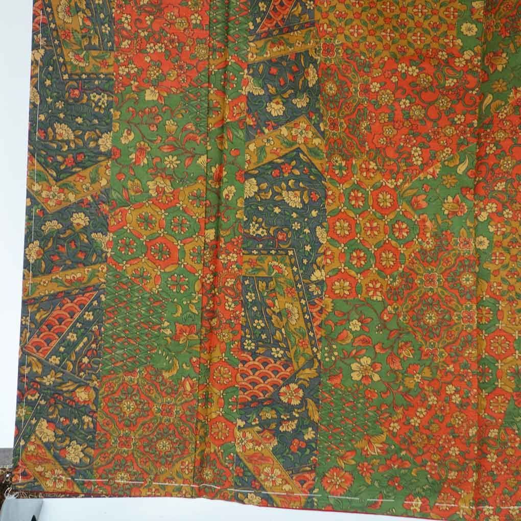 小紋 身丈165 cm 裄64 前幅24 後幅28 袖丈49 袖幅32 レディース 袷 更紗 裄Mサイズ 秋冬春用 正絹 シルク ブラウン トールサイズ ♥品 リメイク リユース リサイクル 呉服のきくや