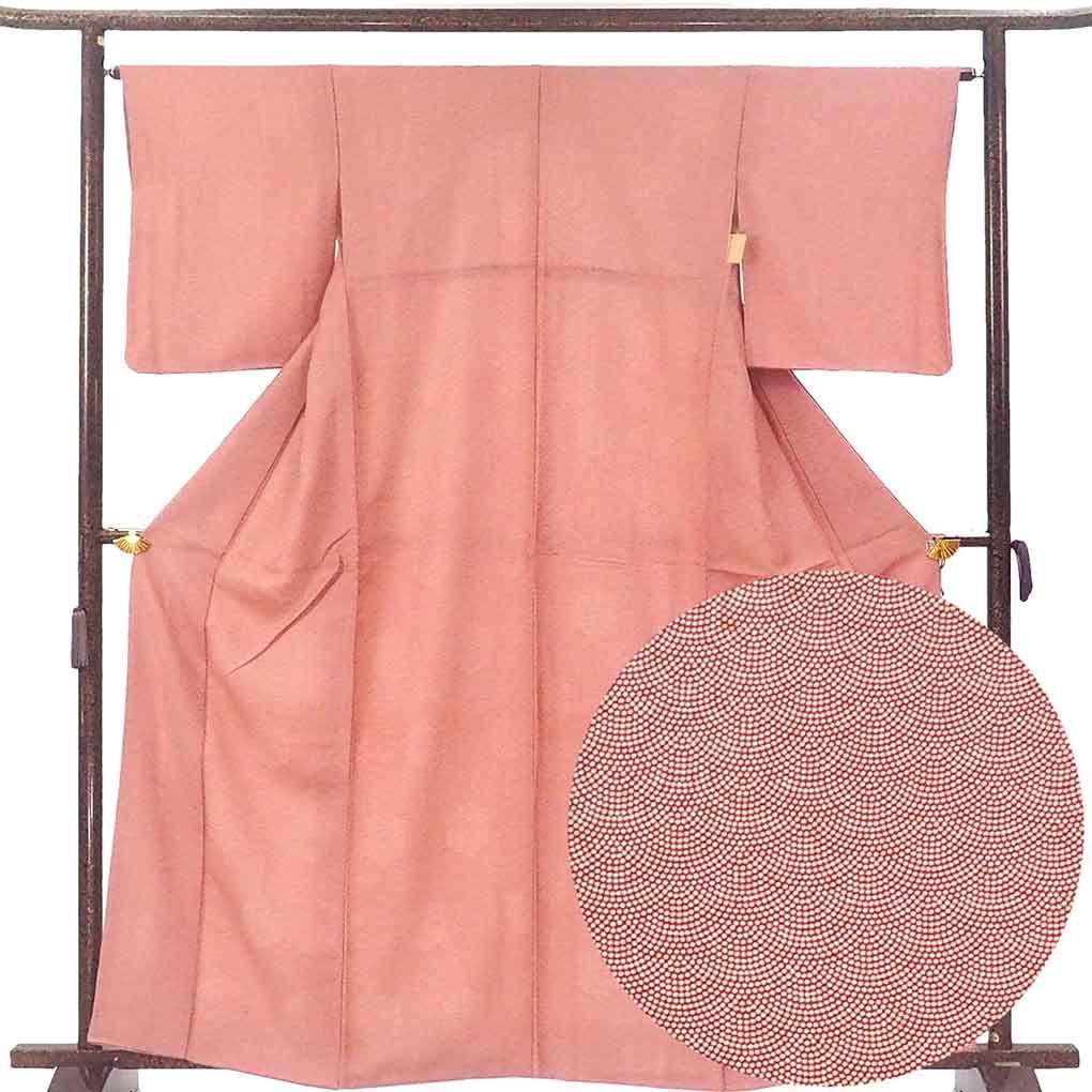 小紋 身丈163 cm 裄64 前幅24 後幅30 袖丈50 袖幅32 レディース 袷 鮫小紋 裄Mサイズ 秋冬春用 正絹 シルク レッド やや難 リメイク リユース リサイクル 呉服のきくや