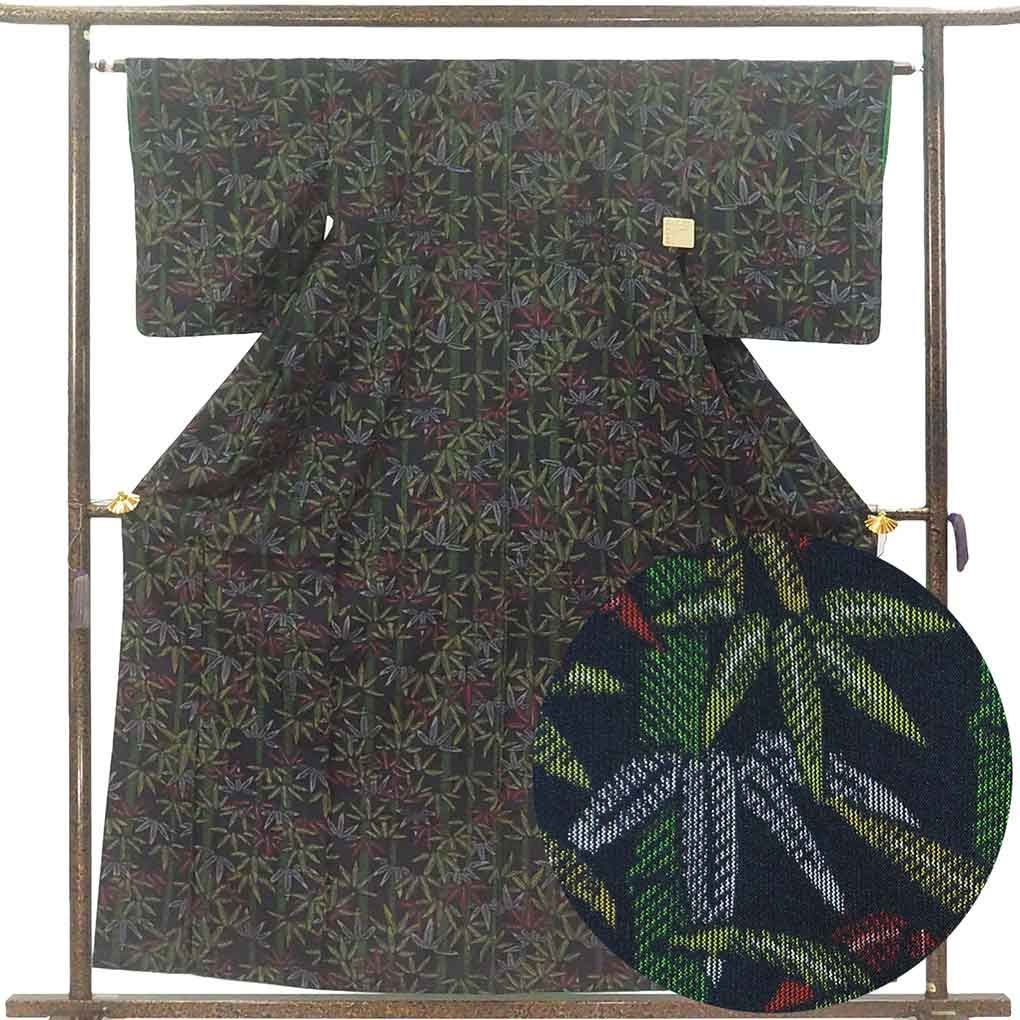 紬アンサンブル 羽織 コート 丈81 cm 身丈158 裄62 5 前幅23 後幅28 袖丈49 袖幅32 レディース 袷 笹 裄Sサイズ 秋冬春用 正絹 シルク ブラック リメイク リユース リサイクル 呉服のきくや