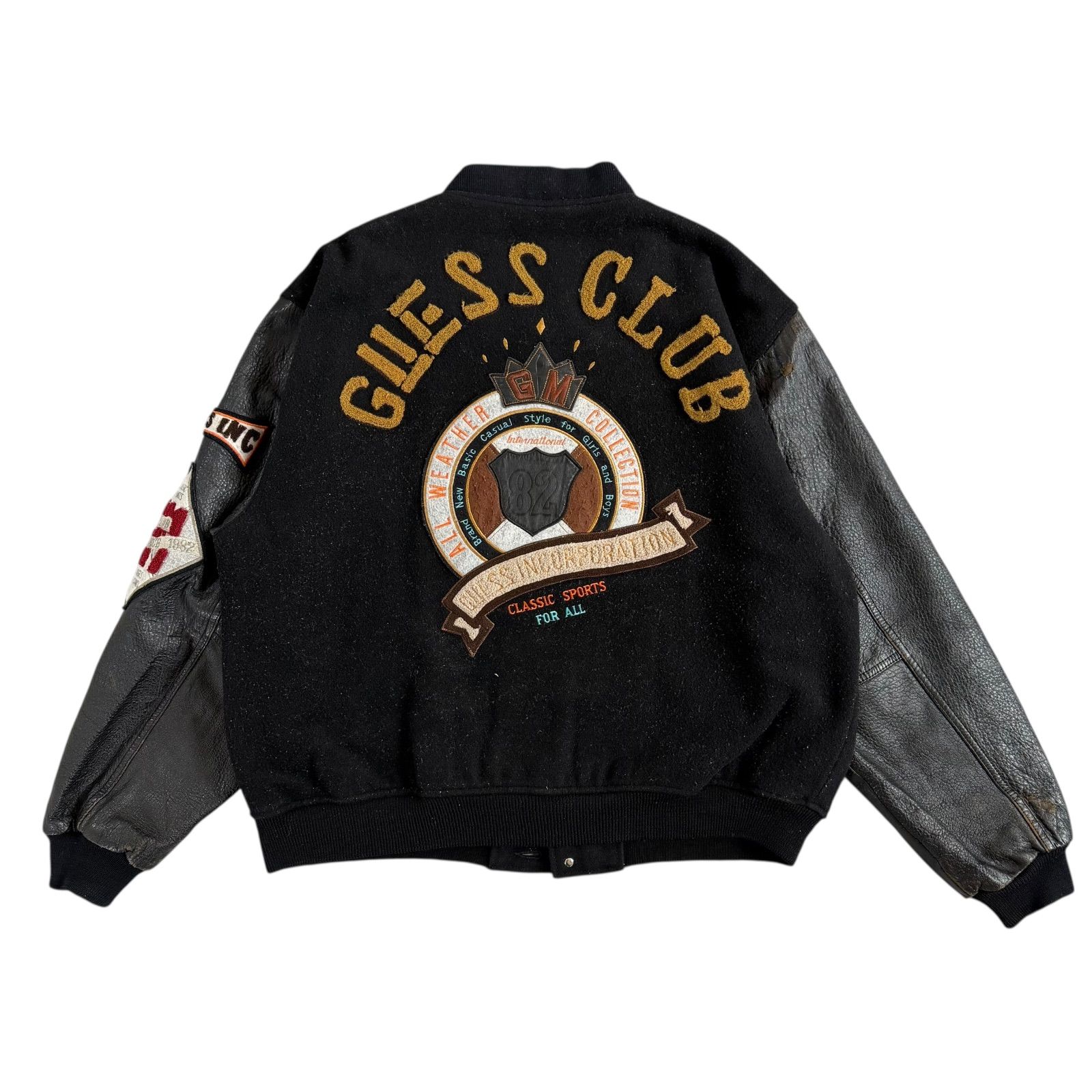 GUESS CLUB ゲスクラブ 90 s ヴィンテージ ヴァーシティージャケット レザー ウール ブラック Lサイズ 刺繍デザイン