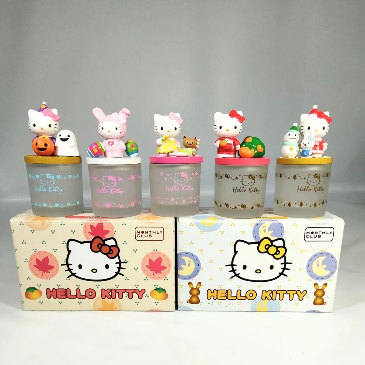ハローキティアロマキャンドル キャラクター人形(蓋)5個、ガラス容器5