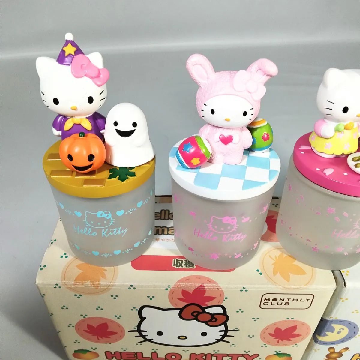 ハローキティアロマキャンドル キャラクター人形(蓋)5個、ガラス容器5