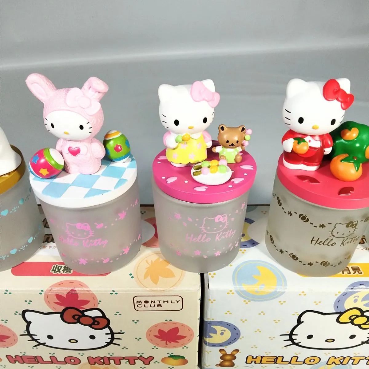 ハローキティアロマキャンドル キャラクター人形(蓋)5個、ガラス容器5