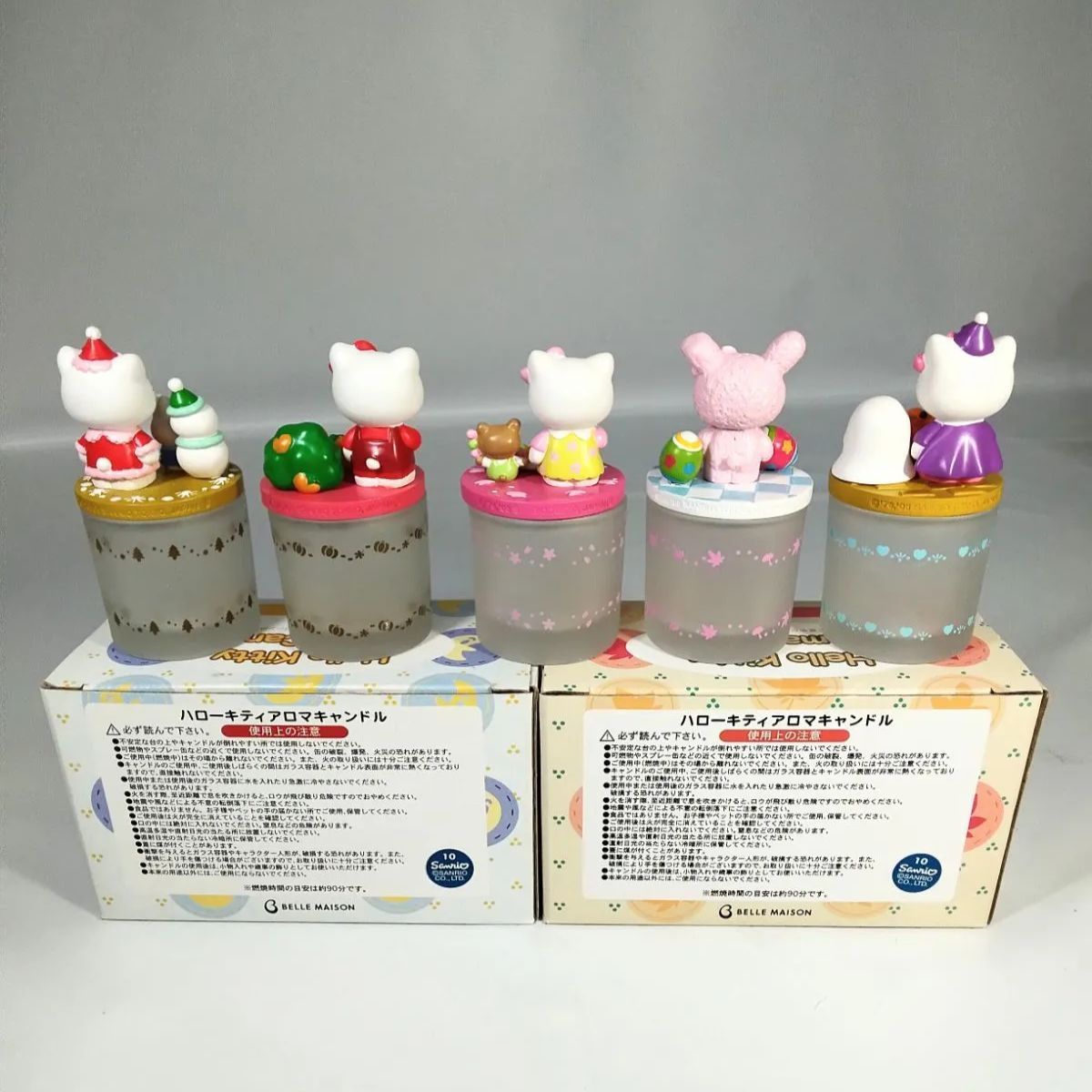 ハローキティアロマキャンドル キャラクター人形(蓋)5個、ガラス容器5