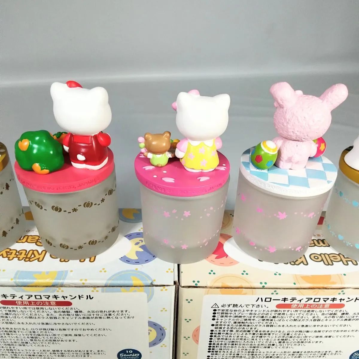 ハローキティアロマキャンドル キャラクター人形(蓋)5個、ガラス容器5