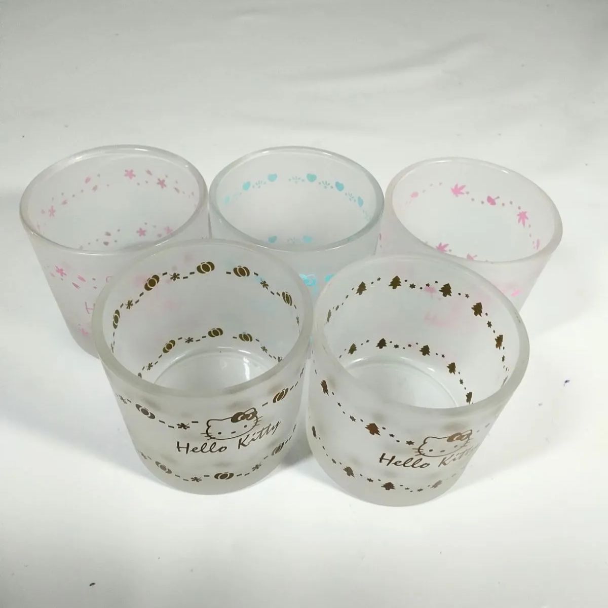ハローキティアロマキャンドル キャラクター人形(蓋)5個、ガラス容器5