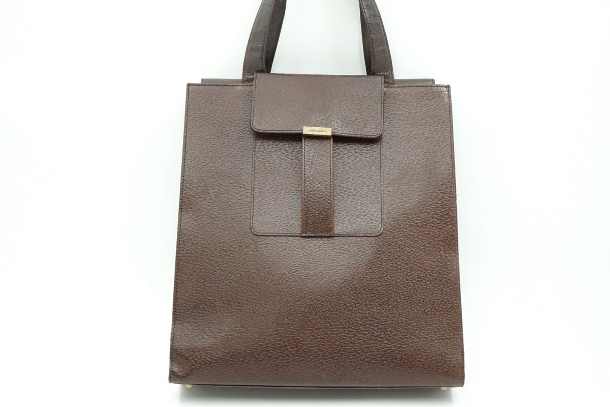 イヴ サンローラン ヴィンテージ ハンドバッグ トート ロゴプレート Unisex メンズ レザー 茶 ブラウン Yves Saint Laurent 4953 h