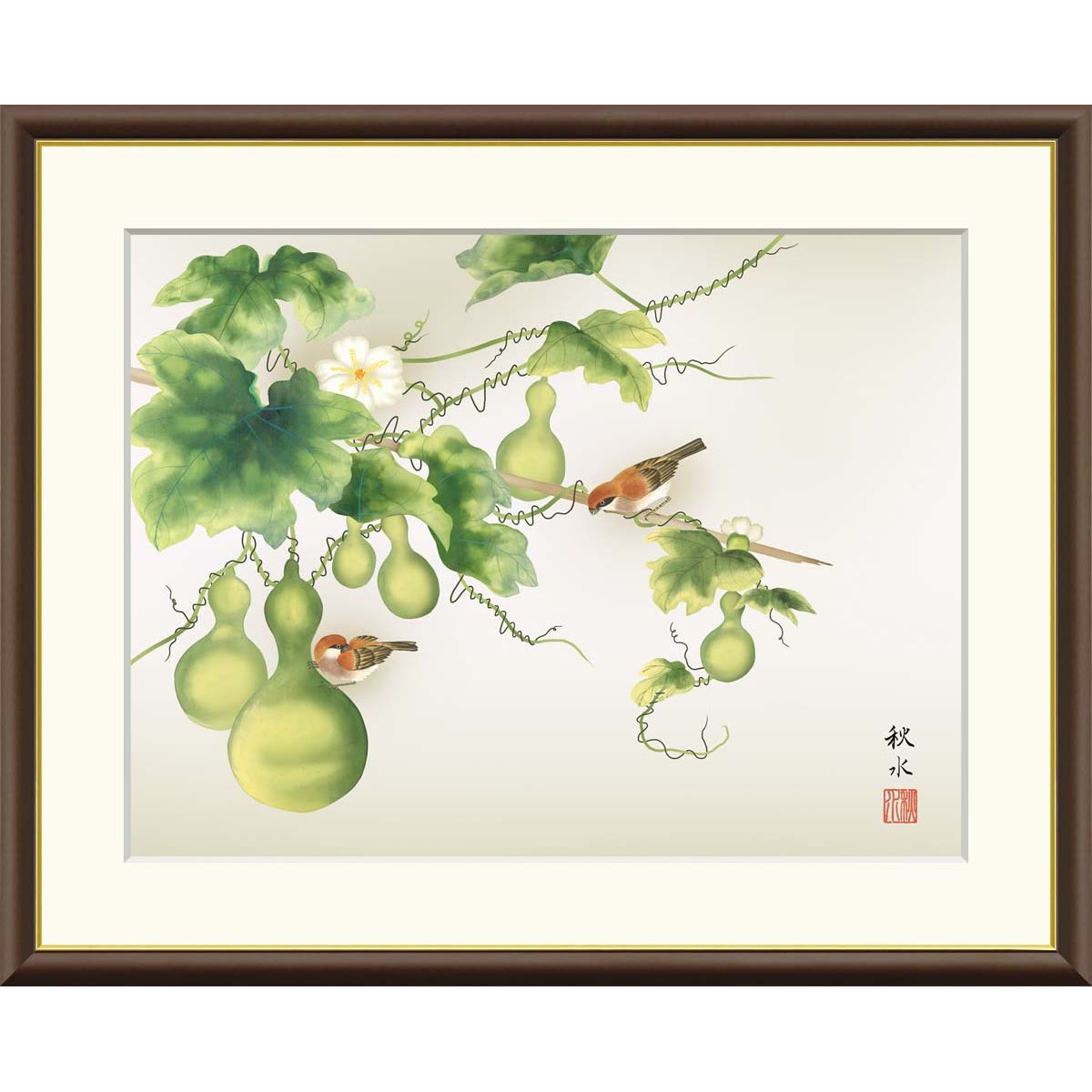 絵画 現代日本画 花鳥画 夏飾り 六瓢 浮田秋水 額入り インテリア アート 額絵 高精彩複製画 送料無料 f4号