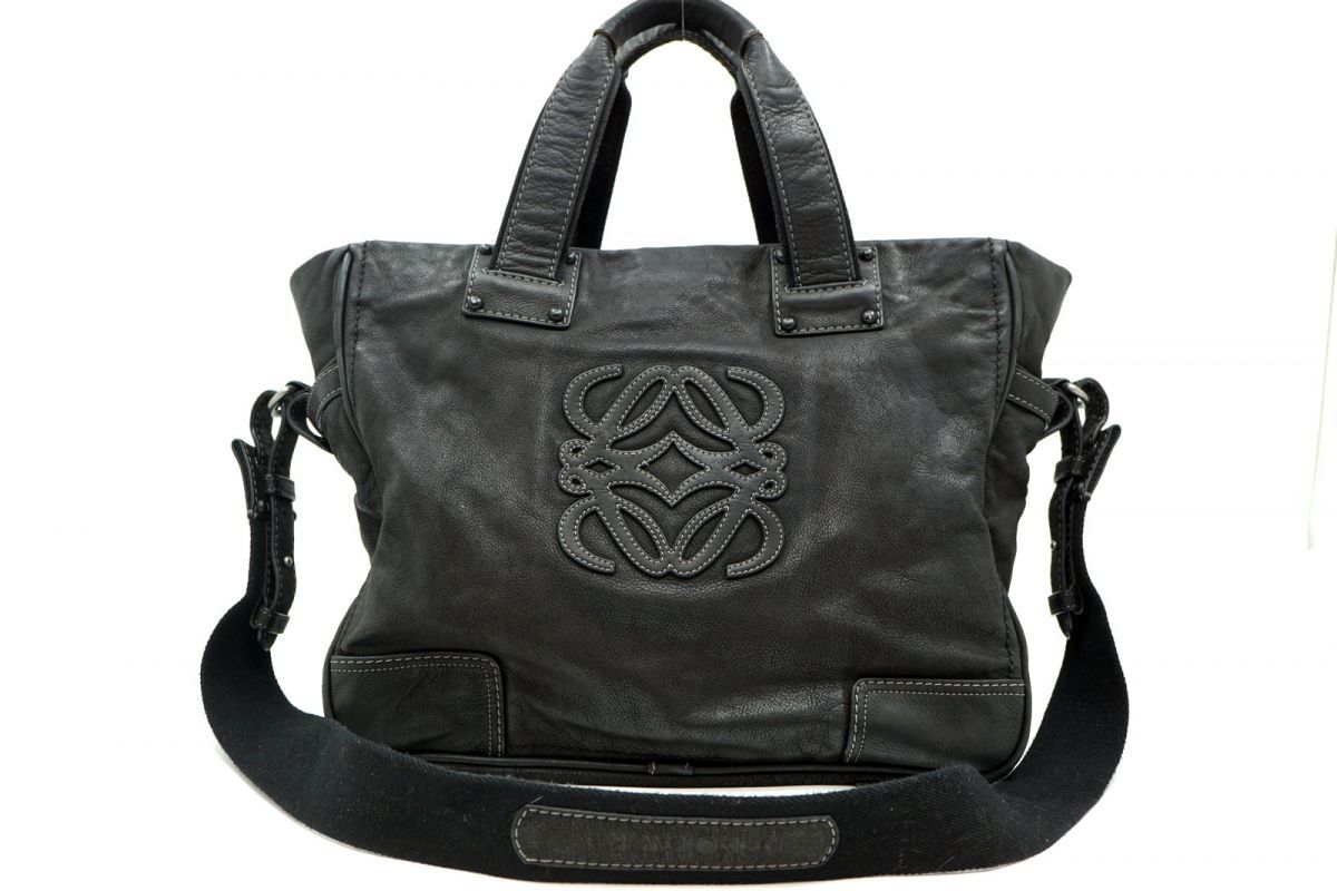 ロエベ 2 way ショルダー ハンドバッグ トート アナグラムロゴ Unisex メンズ レザー 黒 ブラック LOEWE 4956 h
