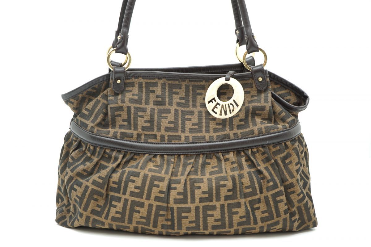 フェンディ ズッカ ショルダー ハンドバッグ トート ロゴプレート ゴールド金具 ナイロンキャンバス 茶 ブラウン FENDI 4958 h