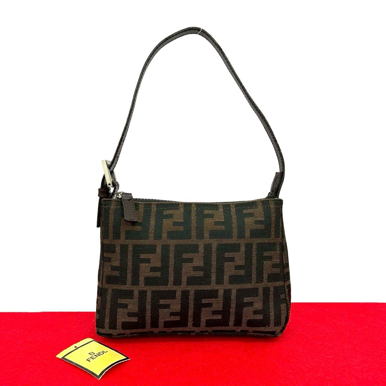 ♥保管品 FENDI フェンディ ズッカ FF 柄 レザー 本革 キャンバス セミ ワン ショルダーバッグ ハンドバッグ ブラウン 1588 a