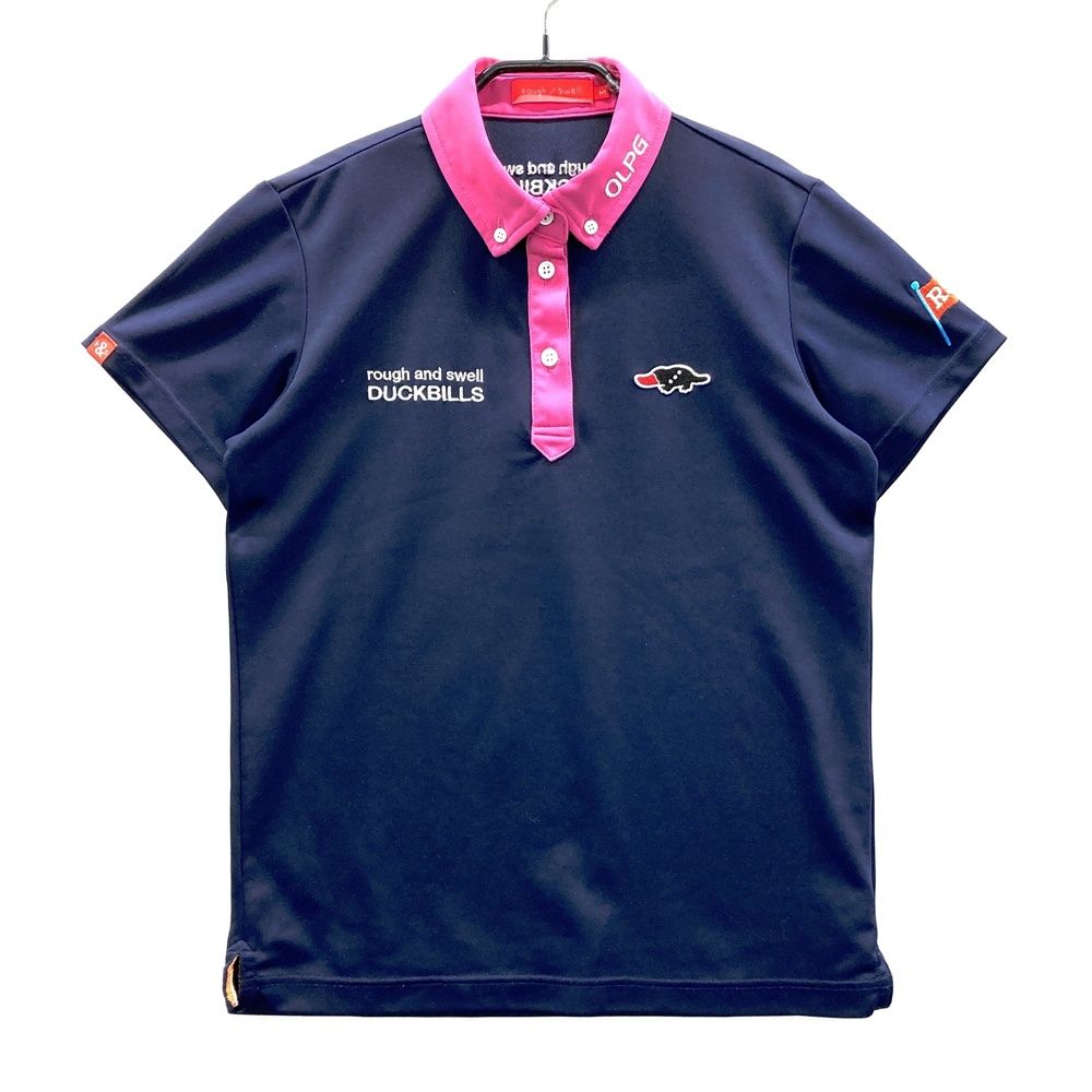 サイズ M ROUGH SWELL ラフアンドスウェル 2025年モデル ロゴ刺繍入り 半袖ポロシャツ ボタンダウン ネイビー系 ゴルフウェア レディース ストスト