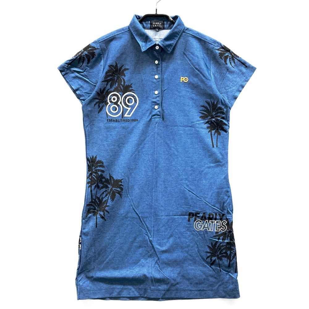 サイズ 0 PEARLY GATES パーリーゲイツ 半袖ポロワンピース 総柄 ブルー系 ゴルフウェア レディース ストスト