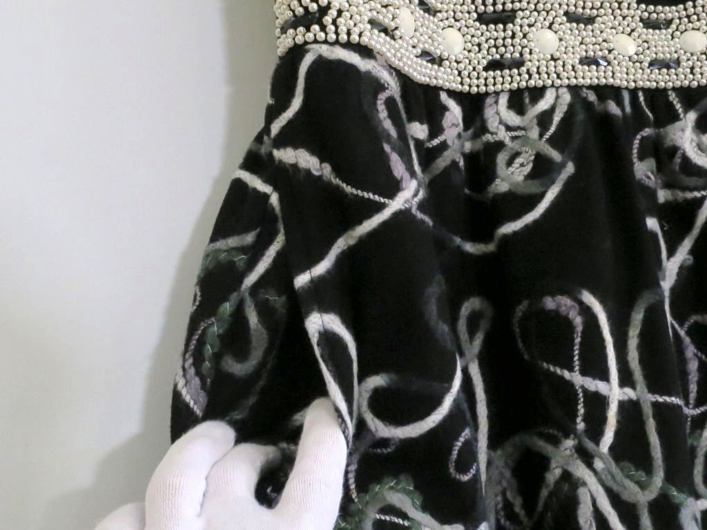 227709 Chloe クロエ ウエスト切替 パール 毛糸風コードデザイン ノースリーブ ウールワンピース 38 黒