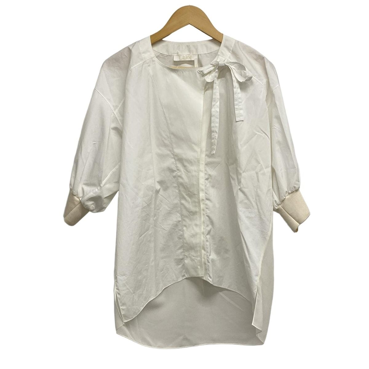 Chloe クロエ 七分袖シャツブラウス サイズ38 M レディース 白 アイボリー 異素材切替 シルク リボン