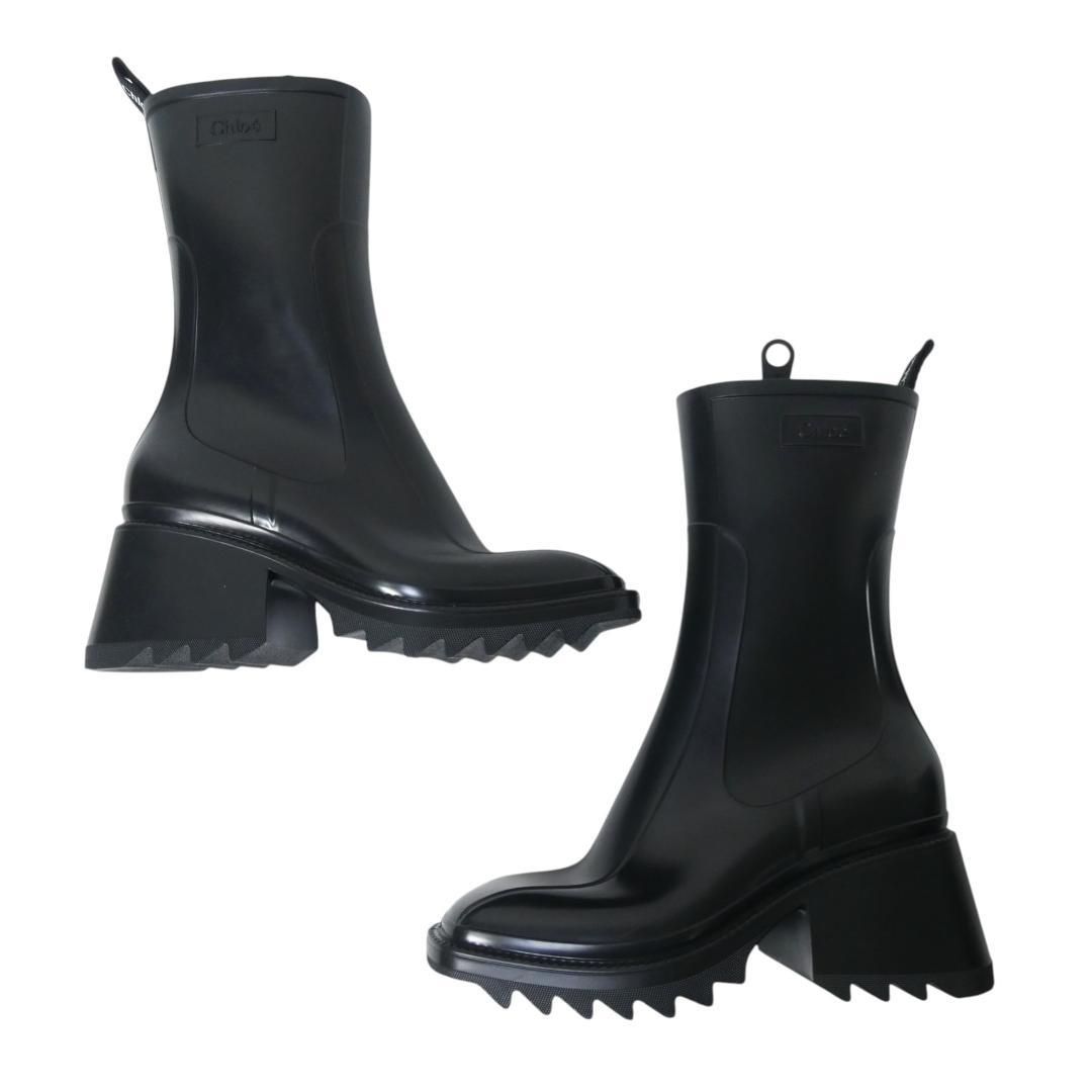 クロエ37 スクエアトゥ レインブーツ サイドジップブラック chloe 中古・古着通販】Chloe (クロエ) BETTYサイドジップ スクエアトゥ