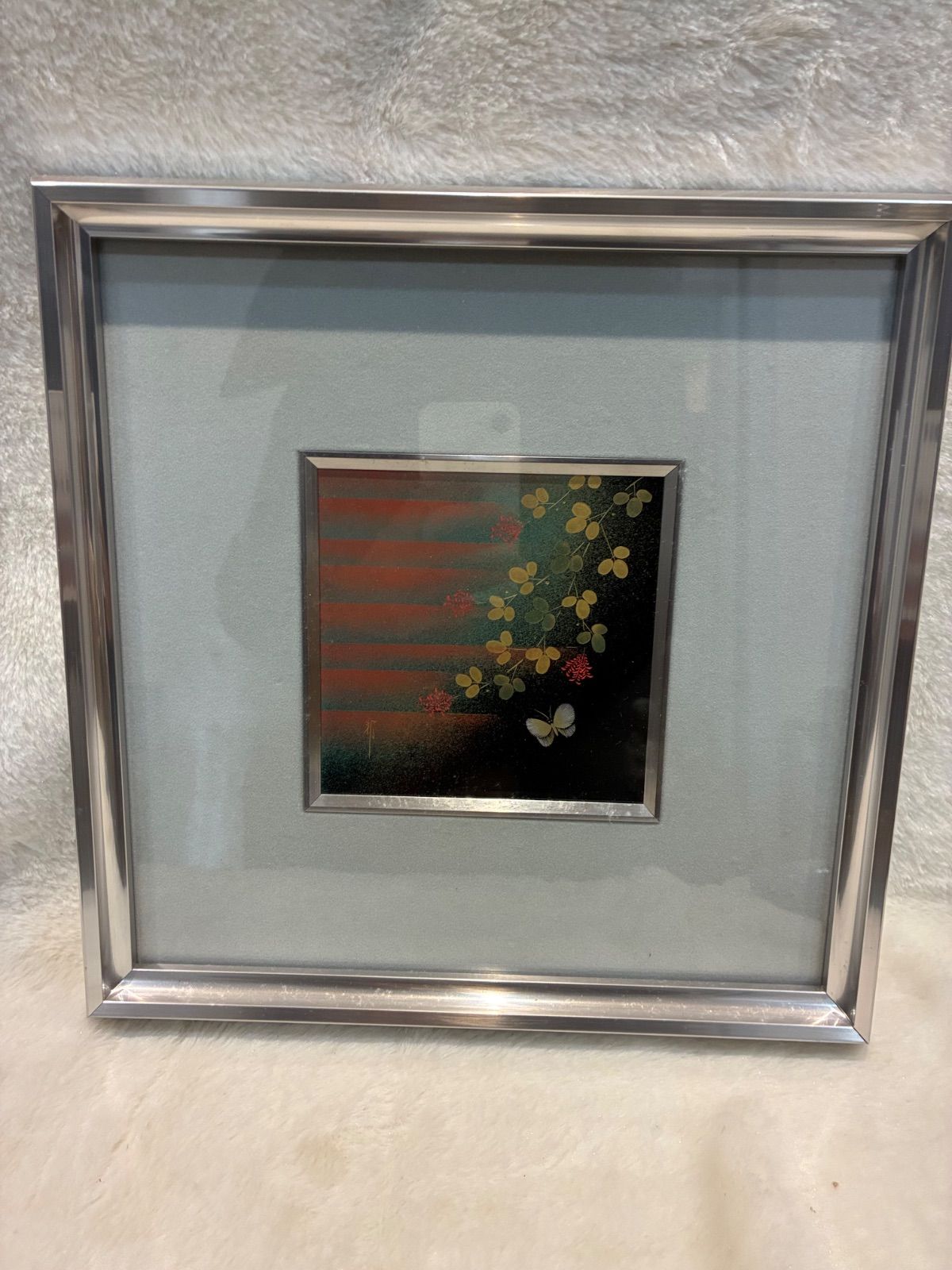 漆画 額装 秋草に蝶 サインあり モダンインテリア 壁飾り