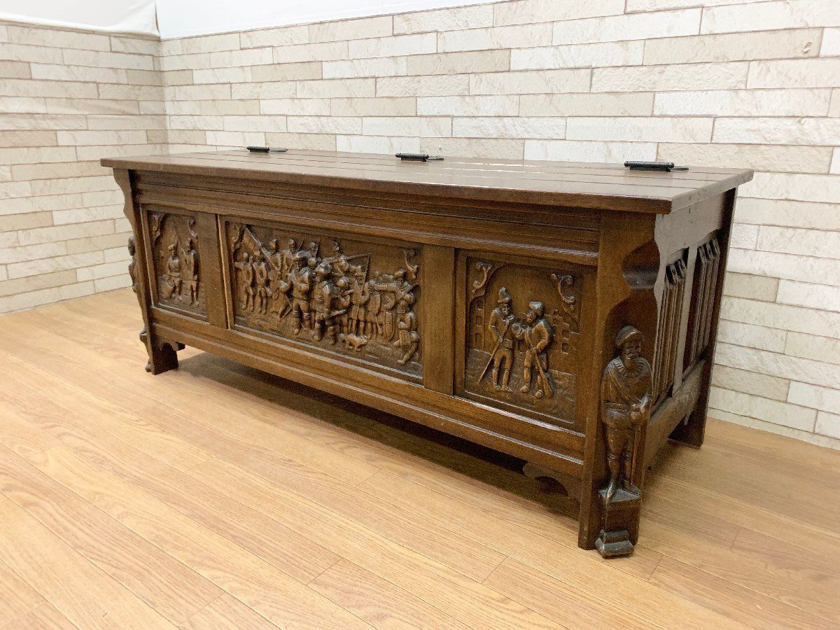 イギリス ブランケットボックス コファー ベンチ 収納 腰掛 オーク材 木製 彫刻 レトロ 英国アンティーク 収納箱 畑1264