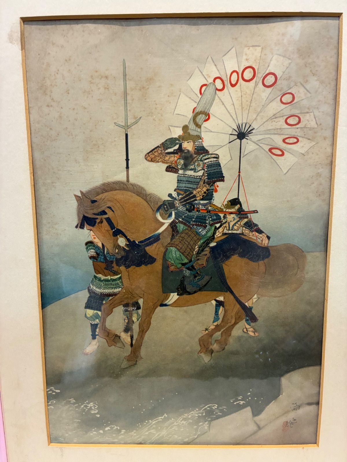 騎馬武者と馬貸の図 浮世絵 木版画 落款印あり 額入り