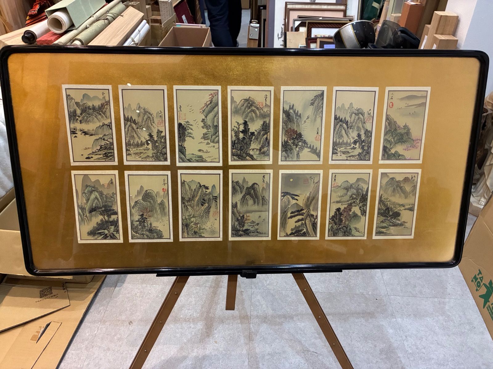 水墨淡彩 四季山水図 小画帖 十四幀 額装 金泥下地