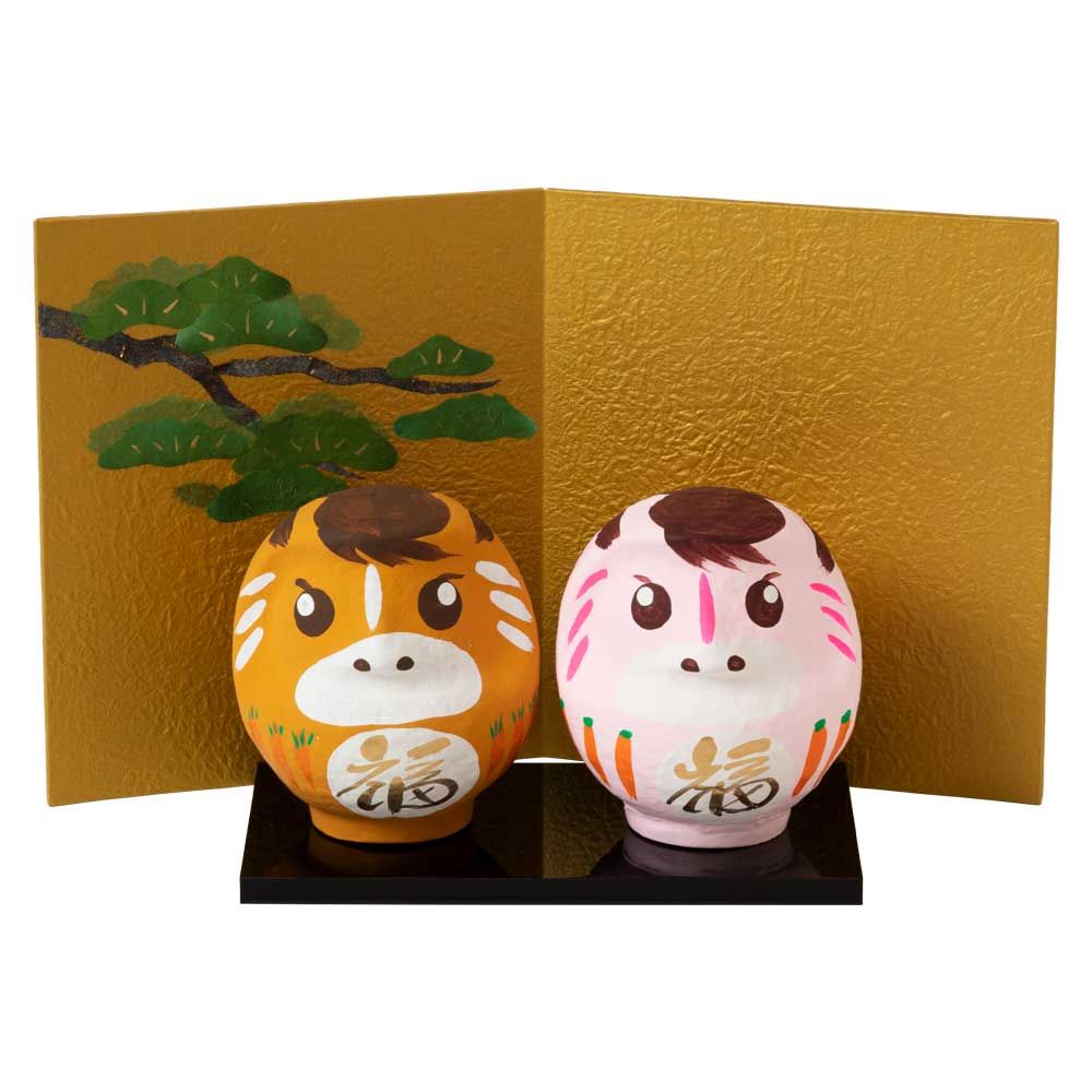 高崎だるま 2026年干支だるま午 黒塗り台と金屏風付きペアセット 茶＋