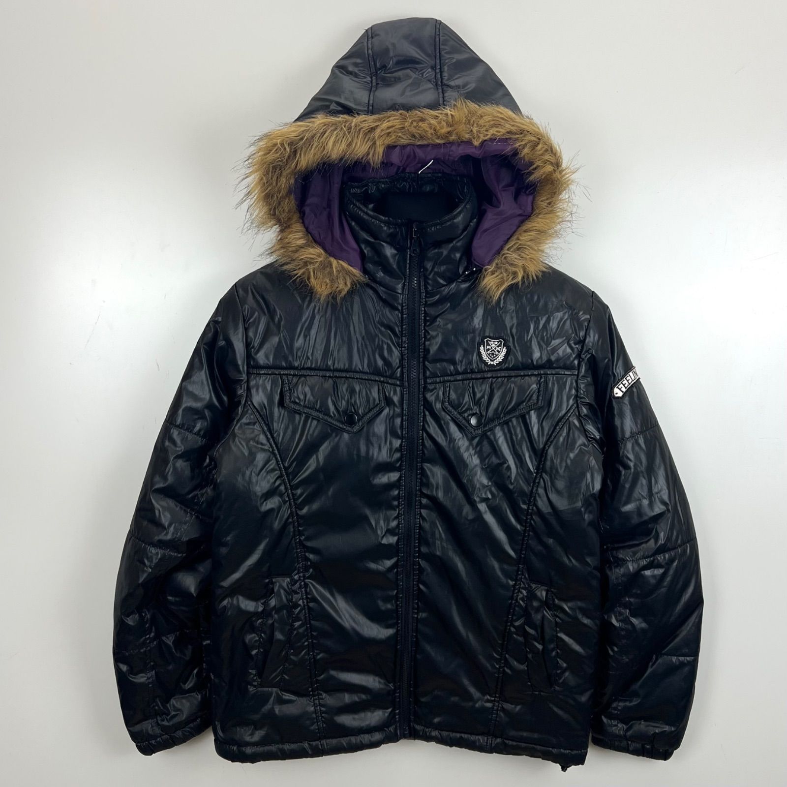 russk 00s 短丈 ファーダウンジャケット y2k お兄系 平成 RUSS-K 00s y2k archive Fur shiny puff jacket M ラスケー 光沢