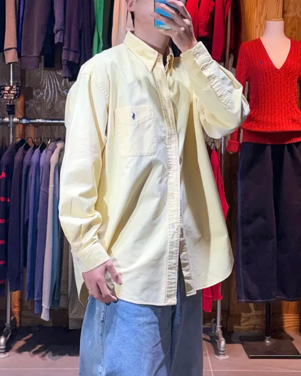 L ポロラルフローレン BIG SHIRT ワンポケット イェロー コットン シャツ