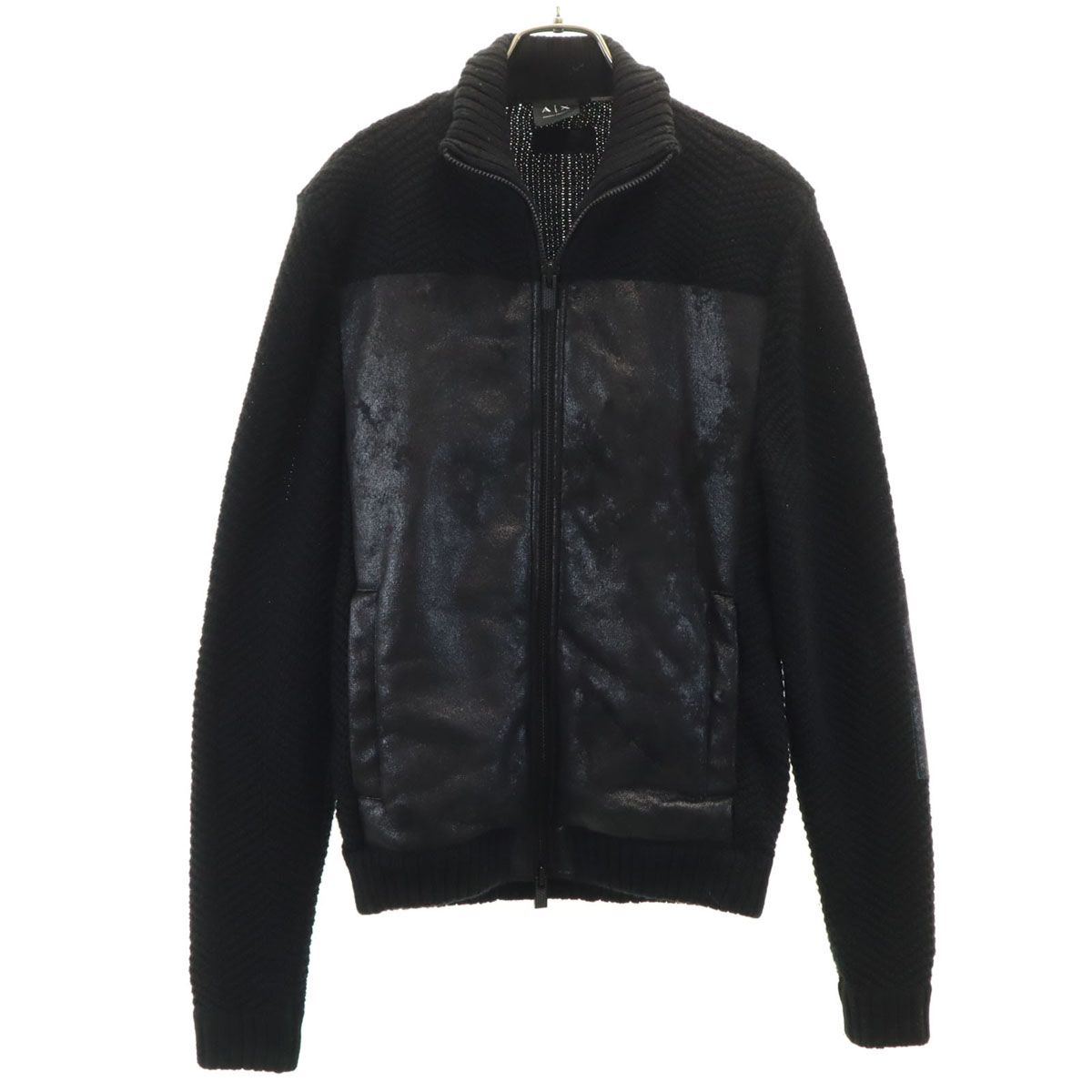 ARMANI EXCHANGE アルマーニエクスチェンジ フェイクムートン切替 ニットジャケット XS ブラック メンズ 古着