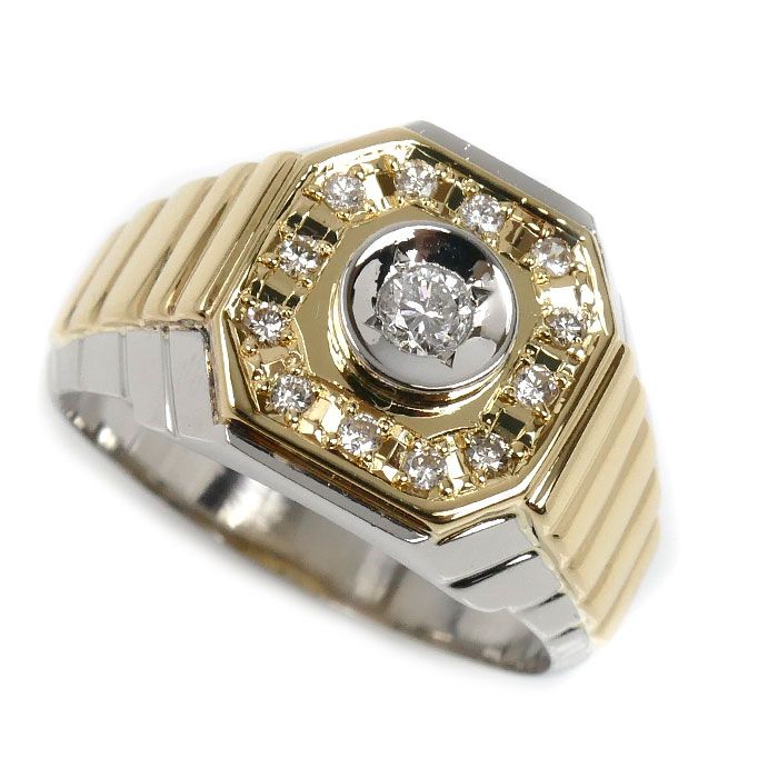 Pt 900プラチナ K 18 YG イエローゴールド 印台 リング 指輪 ダイヤモンド0 30 ct 22号 12 2 g メンズ