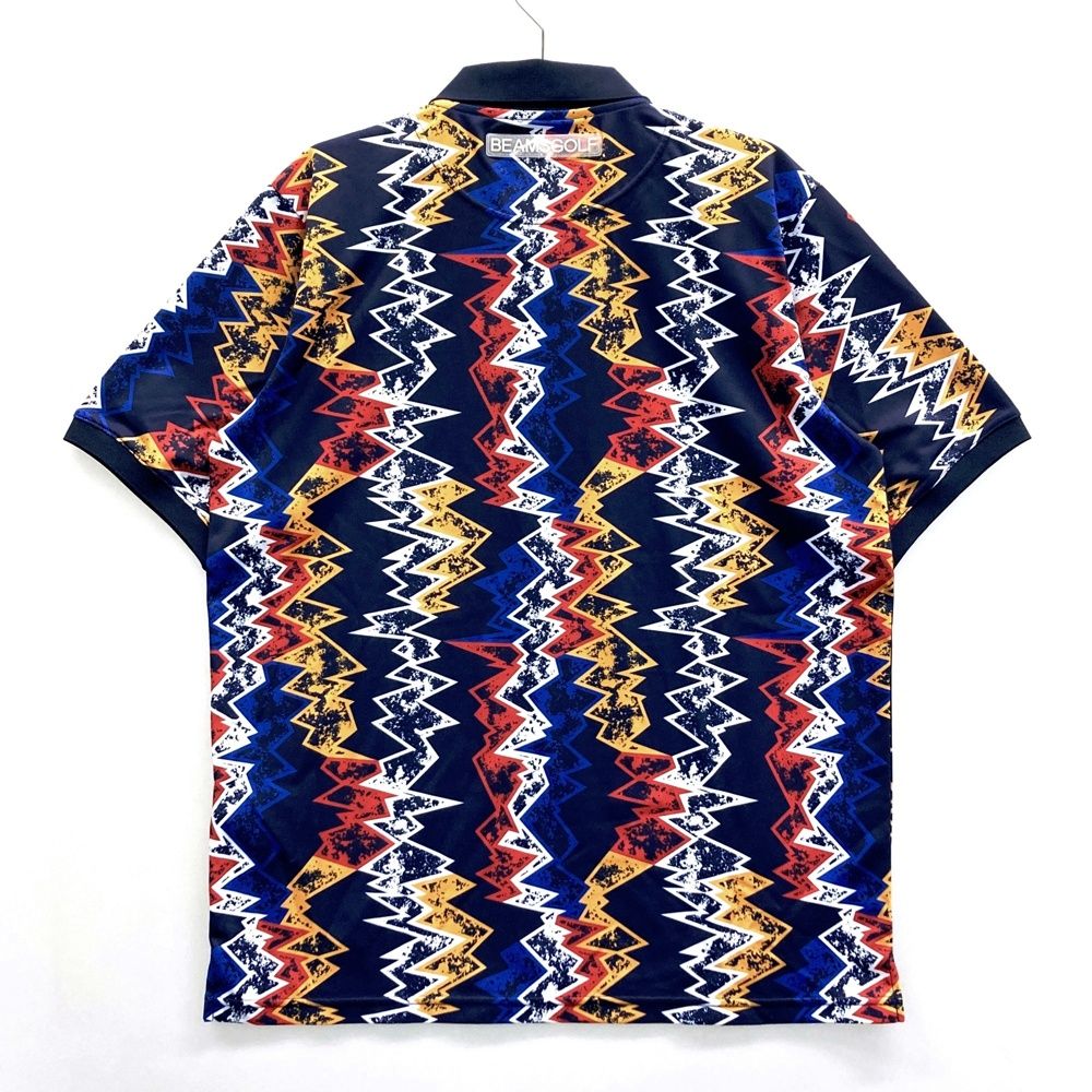 サイズ L BEAMS GOLF ビームスゴルフ 半袖ポロシャツ ワッペン 総柄 ネイビー系 ゴルフウェア メンズ ストスト